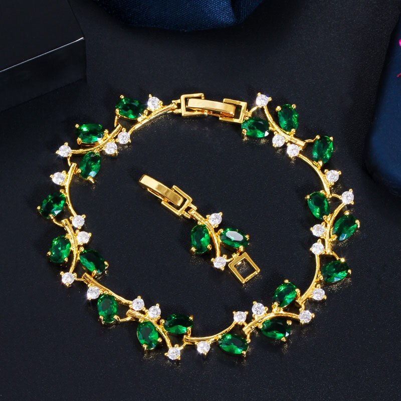 CWWZircons Elegant Leaf Branch Yellow Gold Color Sparkling Cubic Zircon Bracelet Fashion Female Wedding Jewelry Gift CB220