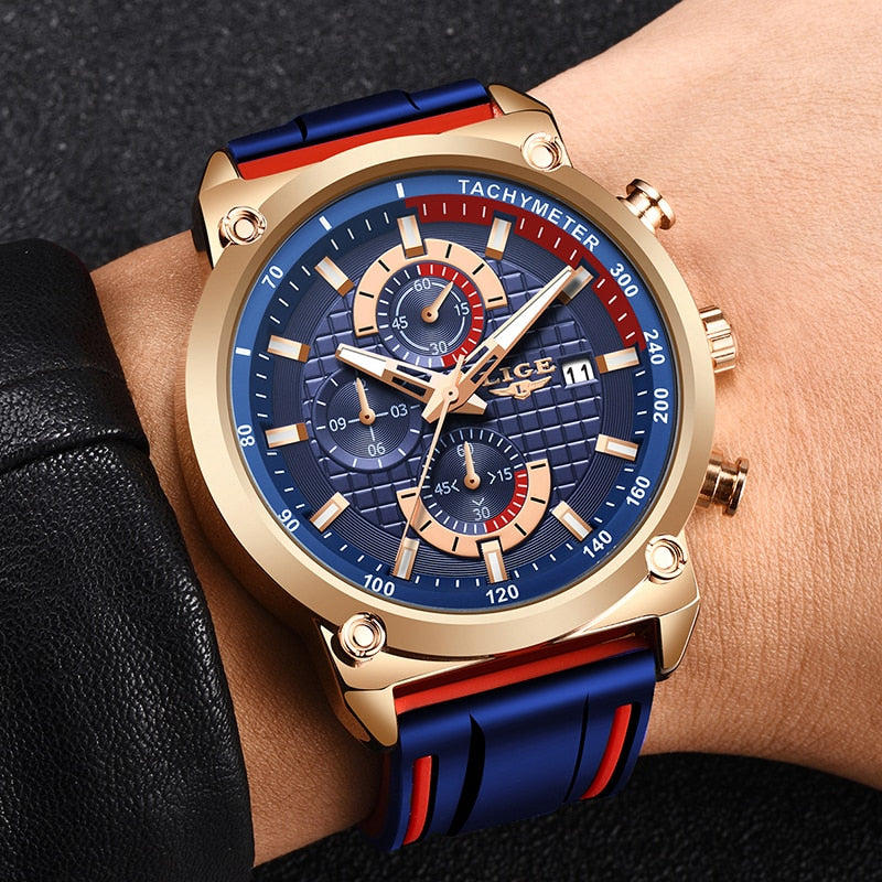 2022 LIGE New Mens Watches Top Brand Luxury Dial Clock Male Fashion Silicone Waterproof Quartz Gold Watch Men Sport Chronograph