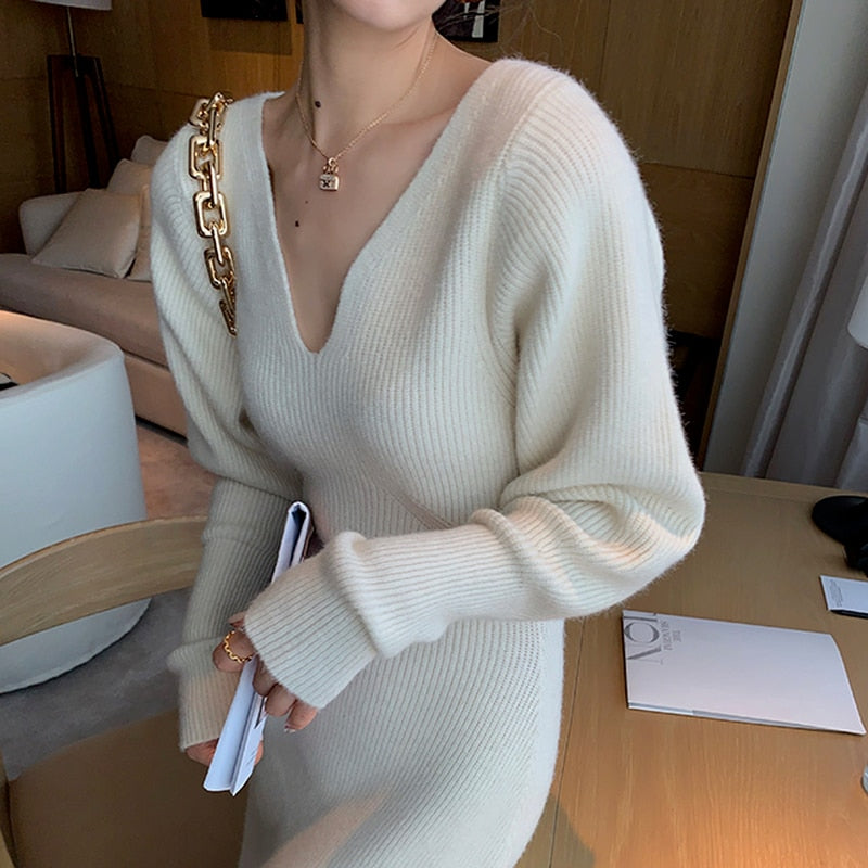 Elegant Long White Knitting Dress Women Winter V-Neck Long Sleeve Bodycon Dress Korean Office Lady High Waist Vintage Dress 2021