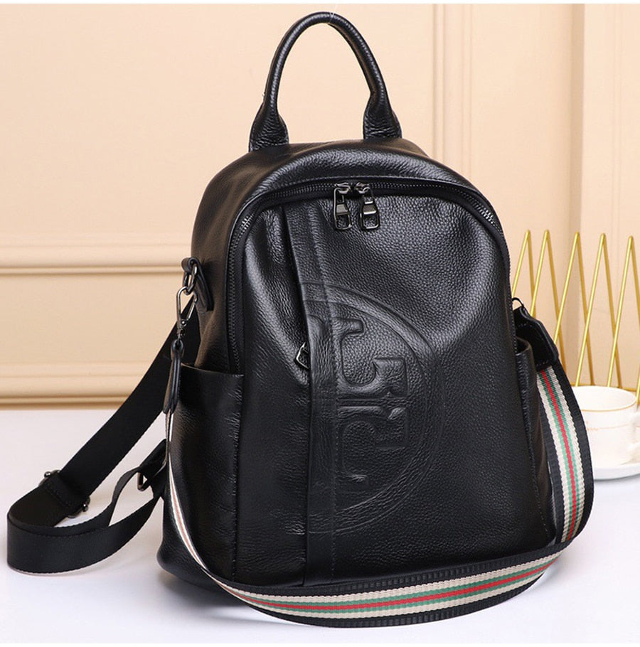 Ladies Travel Leather Backpack Real Cowhide Backpack Women's Bag Solid Color High Quality Black Leather Bag Student Schoolbag