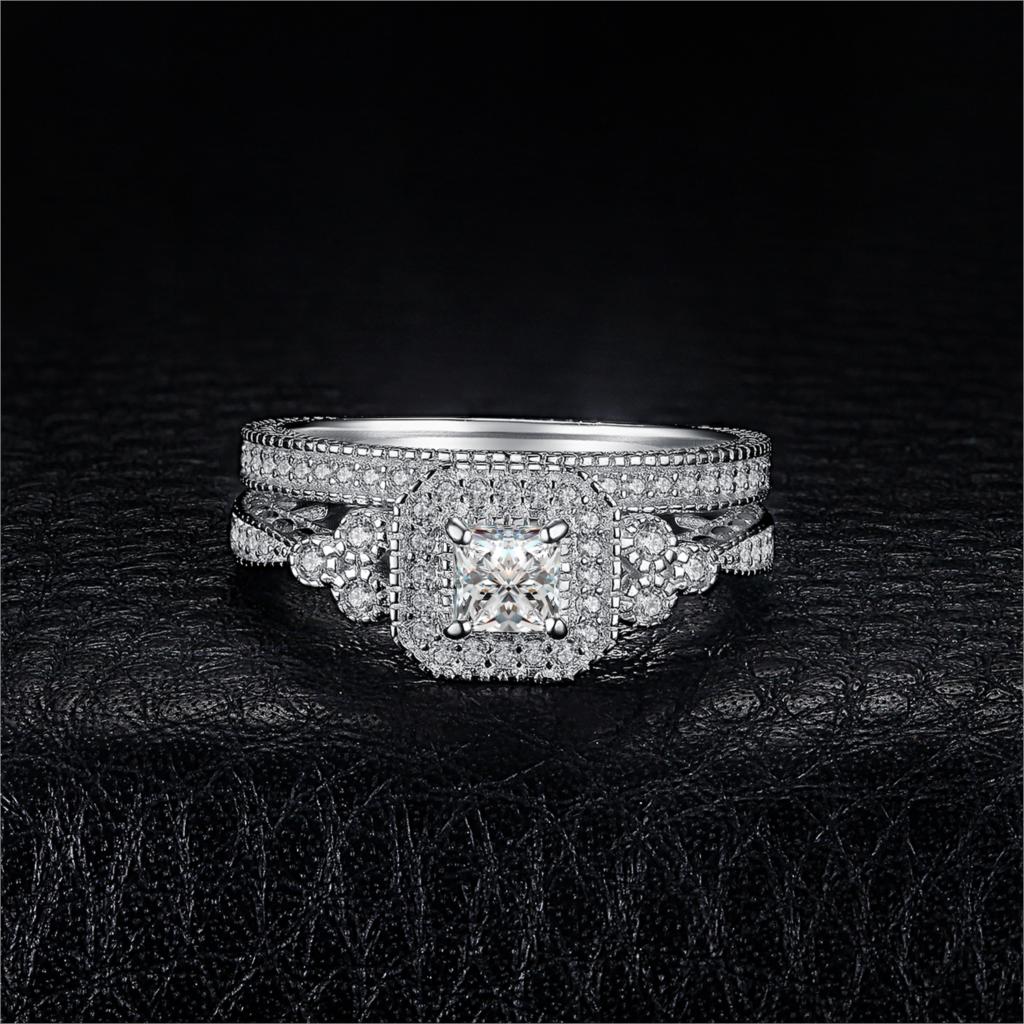 JewelryPalace Vintage Wedding Band Engagement Ring Set Cubic Zirconia Sumulated Diamond Princess 925 Sterling Silver Ring Women