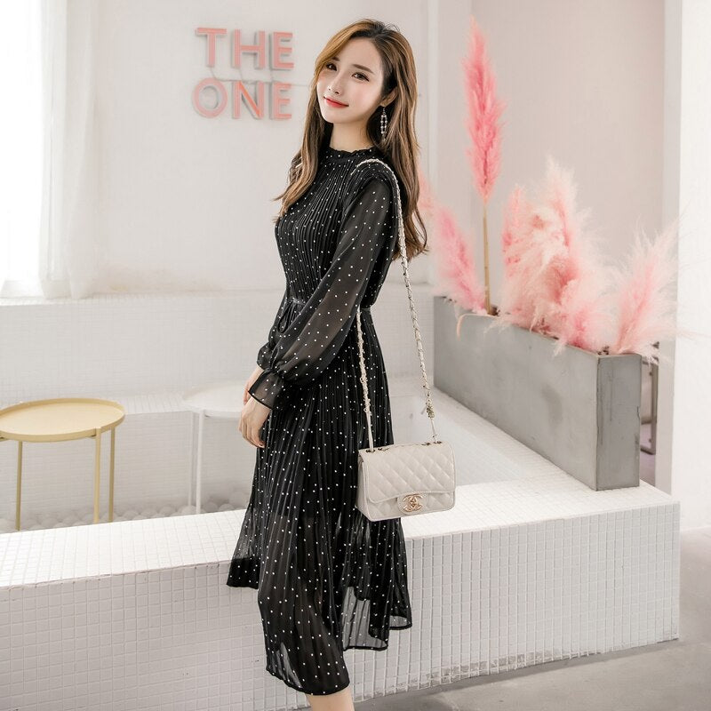 Black Vintage ClotheS Spring Lady Long Chiffon Dress 2021 New Korean Fashion Women Long Sleeved Polka Dot Pleated Dress 3670 50