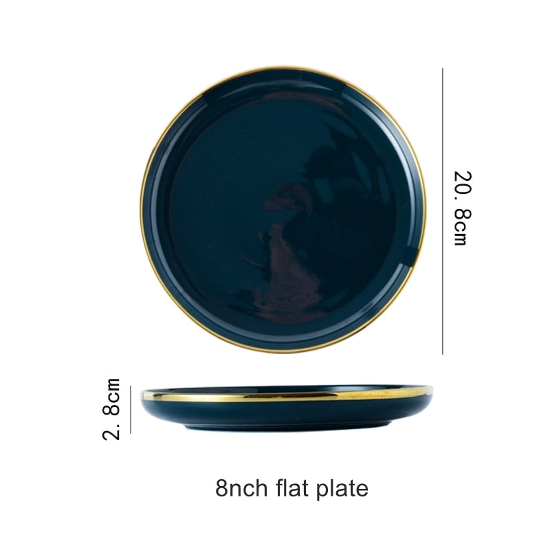 Blue Porcelain Dinner Plates Dishes Luxury Gold Inlay Ceramic Cake Food Plate Bowl Tableware Plate Sets Dish for Restaurant