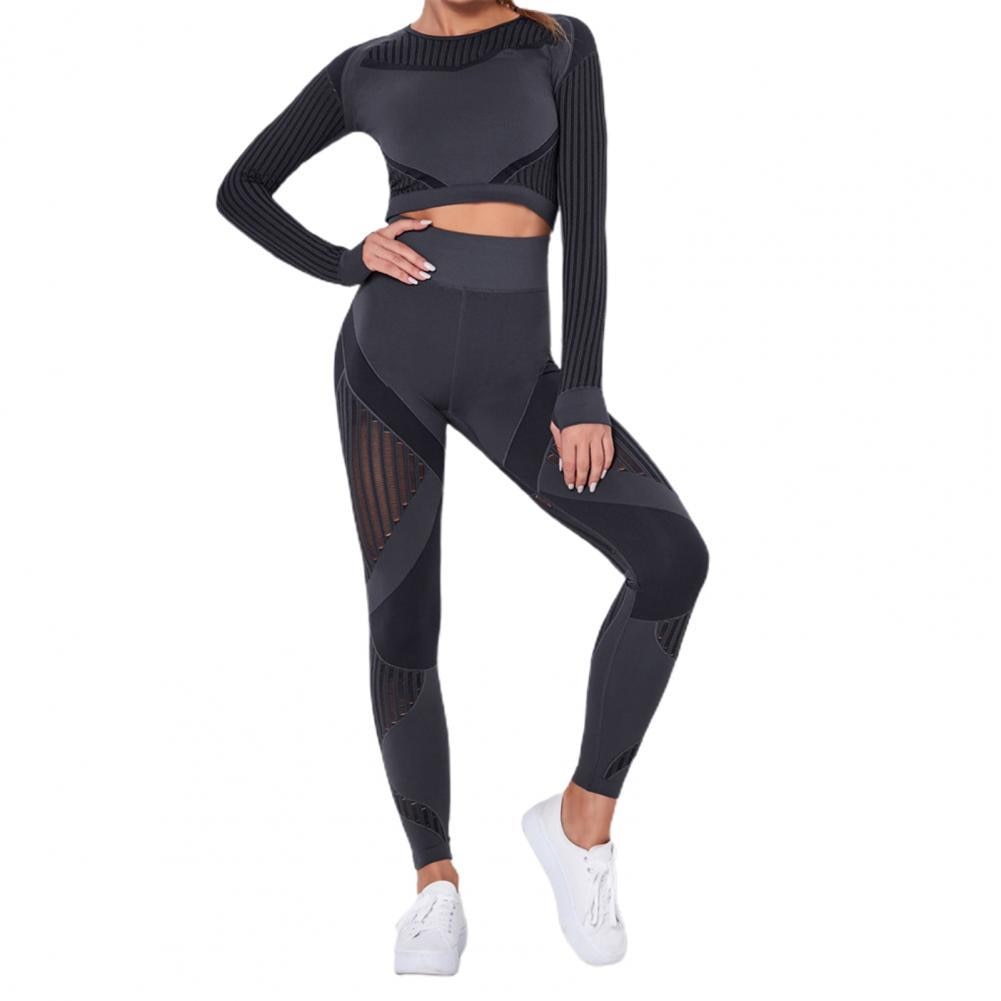 Tracksuit Women Solid Color Yoga Outfit Seamless Two Piece Striped Women Blouse Leggings Set Female Tights Women's Clothing