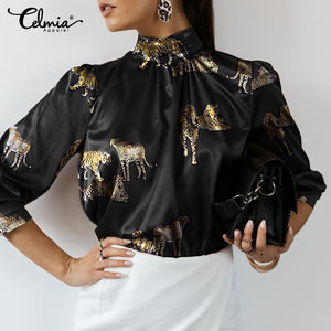 Stylish Satin Blouses Womens Long Sleeve Shirts Celmia 2021 Autumn Stand Collar Casual Loose Tiger Printed Elegant Blusas 5XL