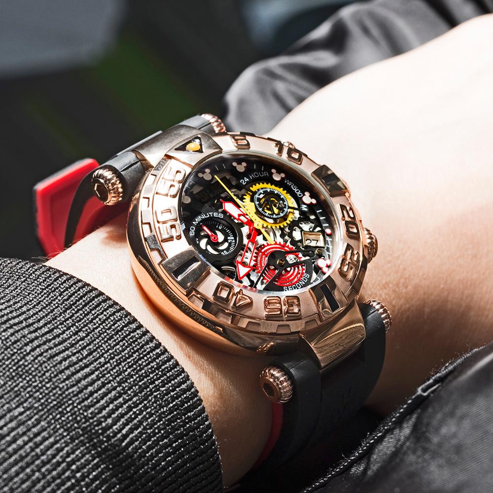 Reef Tiger/RT Top Brand Mens Sport Watches Chronograph Rose Gold Skeleton Watches Waterproof reloj hombre masculino RGA3059-S