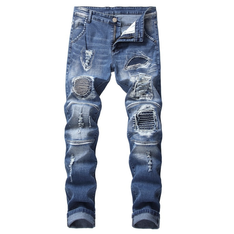 2021 AUTUMN Spring Men's Ripped Print Street HIP HOP Punk Stretch Bike Jeans Trendy Holes Straight Denim Trouers