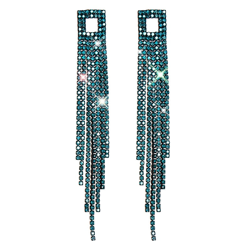 2022 New Trendy Crystal Long Tassel Earrings Blue Rhinestone Waterdrop Dangle Drop Earrings Eardrop For Women Jewelry Gift