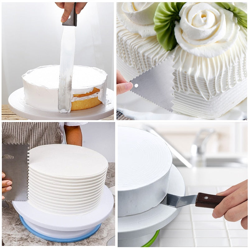 6Pcs/set Turntable Cake Decoration Accessories Set Rotating Cake Stand Tools Metal Stainless Steel Pastry Spatula Scraper