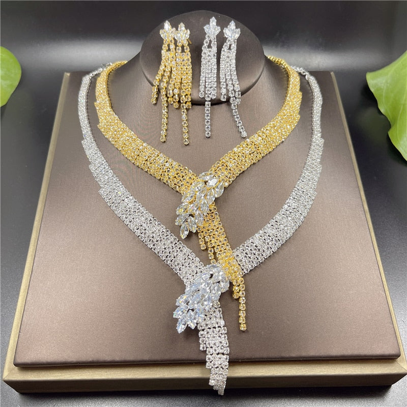 Silver Color Rhinestone Crystal Bridal Jewelry Set Earrings Necklace Wedding Geometric Elegant Romantic Bridesmaid Jewelry Sets