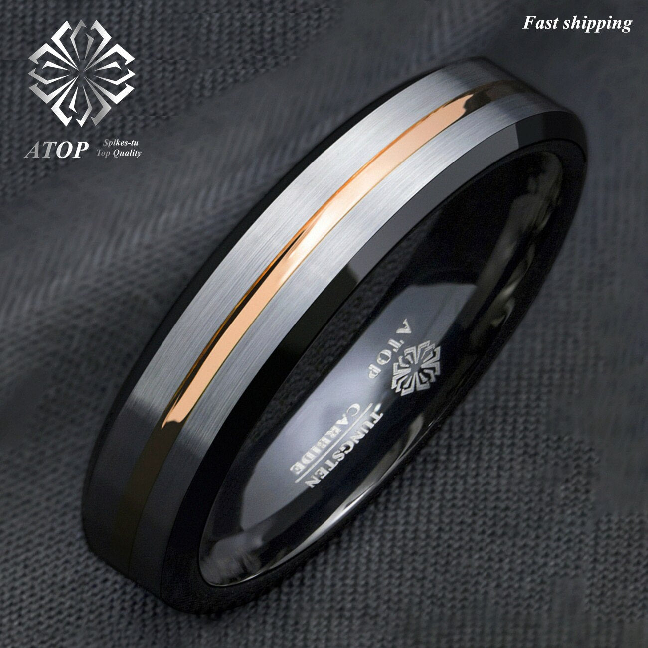 6Mm Silver Brushed Black edge Tungsten Ring Gold Stripe ATOP Mens Wedding Band Customized Jewelry