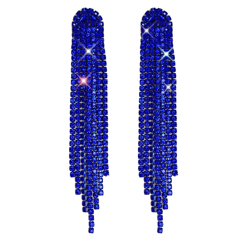 2022 New Trendy Crystal Long Tassel Earrings Blue Rhinestone Waterdrop Dangle Drop Earrings Eardrop For Women Jewelry Gift