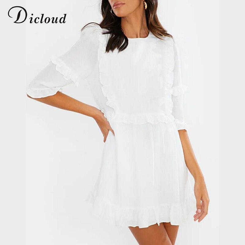 DICLOUD Casual Women White Mini Ruffle Summer Dress Women Short Sleeve Black Solid Loose Dress Beach Tunic Ladies Clothing