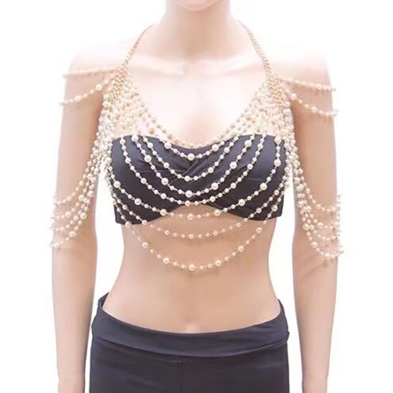 Bride pearl shoulder chain jewelry show party dress body chain accessories woman multi-layer pearl necklace jewelry