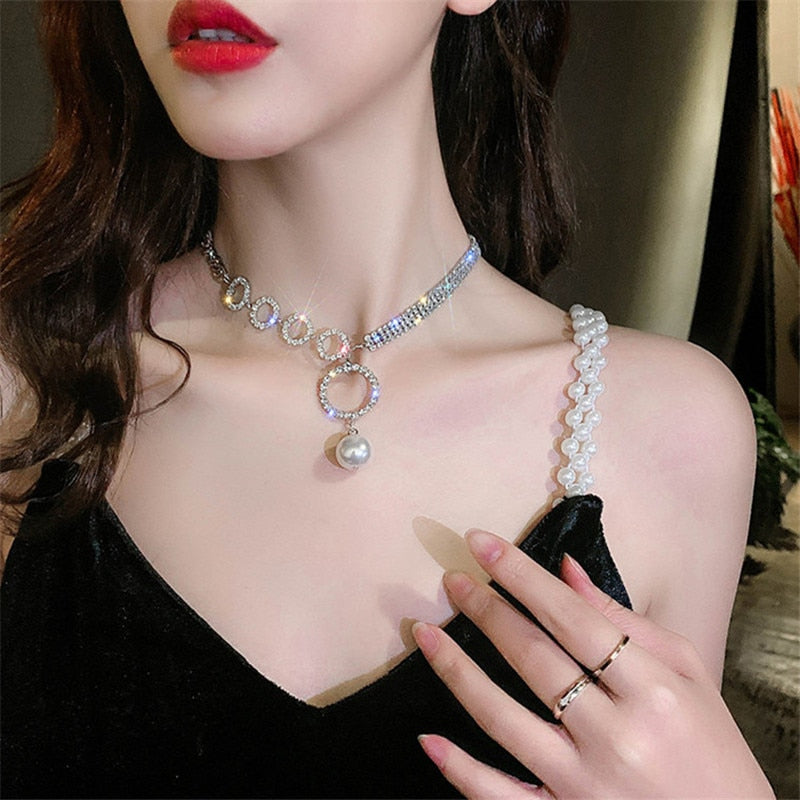 FYUAN Circle Rhinestone Choker Necklaces for Women Clavicle Chain Pearl Pendant Necklaces Weddings Jewelry Party Gifts