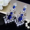 BeaQueen Royal European Design Blue Cubic Zirconia and White Crystal Tassel Drop Super Big Dangling Earrings for Women