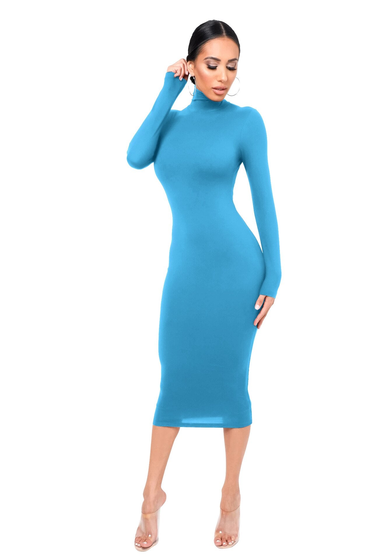 Winter Black Turtleneck Sexy Women Dress Autumn Long Sleeve Skinny Midi Boydcon Casual Blue Plush Knee-Length Party Club