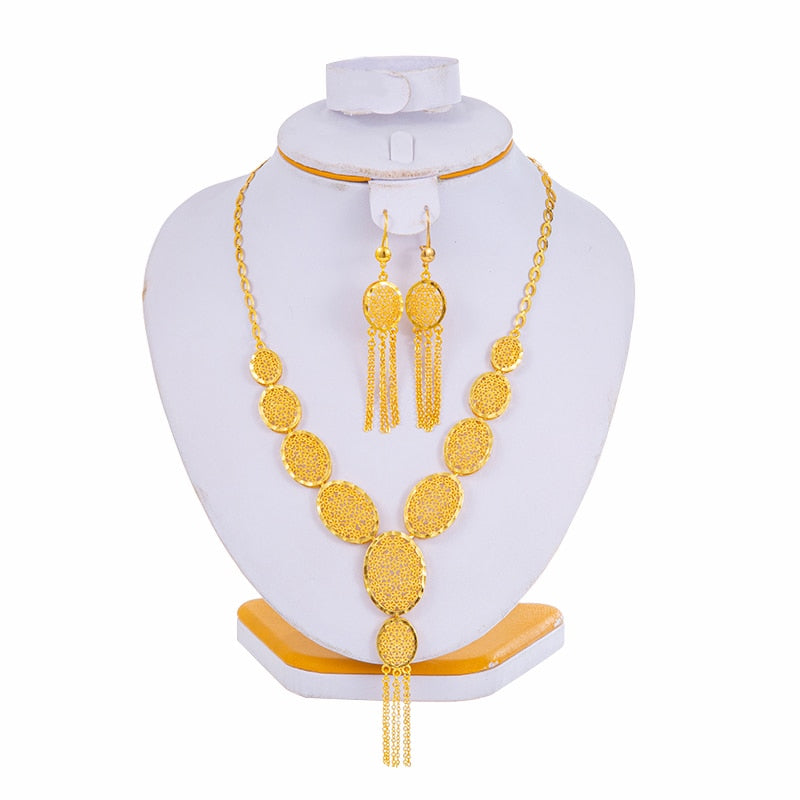 Arabic Dubai Jewelry Set for Women Summer Cooper Earrings Ethiopian African Chain Gold Color Necklace Wedding Bridal Gift