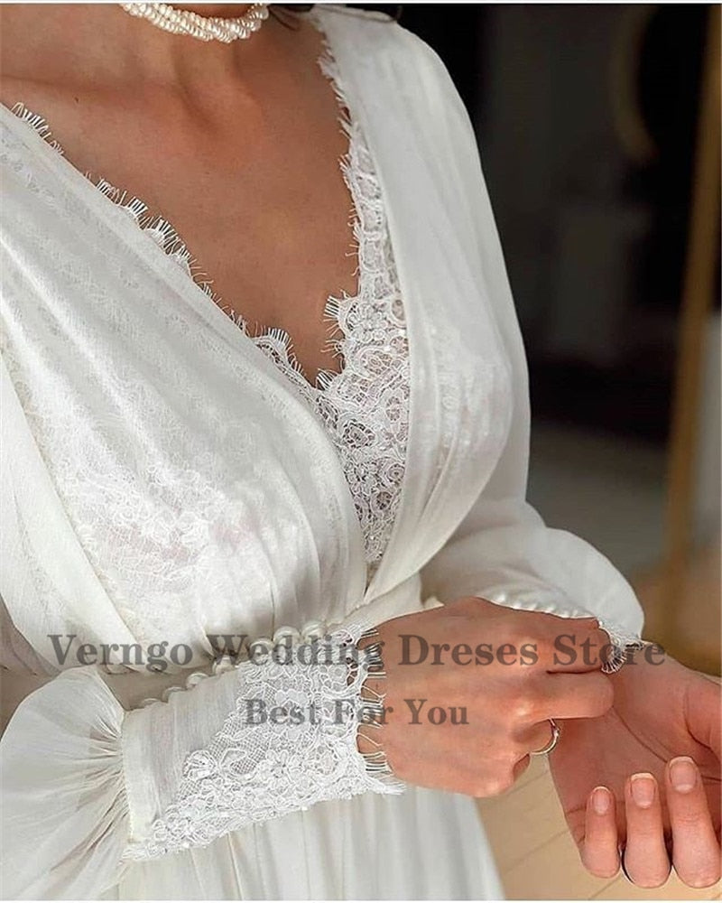 Verngo Vintage Lace Puff Long Sleeves Wedding Dresses Chiffon A Line V Neck Bride Gowns Floor Length Elegant Bridal Dress