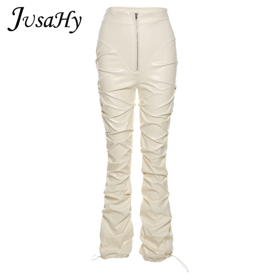 JusaHy Faux PU Leather Pleated High Waist Black Stacked Pant Women Slim Hipster Street Style Long Trousers Hot Sale Trend Female