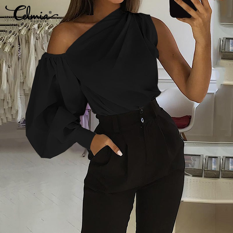 2021 Celmia Women Fashion Long Sleeve Shirts Plus Size Solid Cold Shoulder Blouses Casual Loose Tops Ladies Elegant Work Blusas