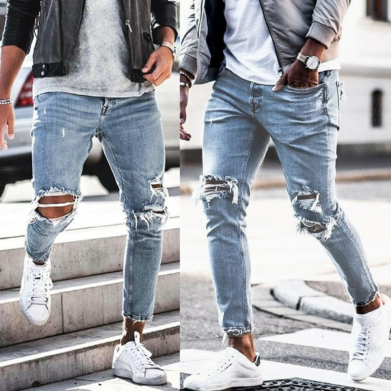 Skinny ripped jeans men Pants Pencil Biker Side Striped Jeans Destroyed Hole Hip Hop Slim Fit Man Scratched Jean Hombre Pantalon