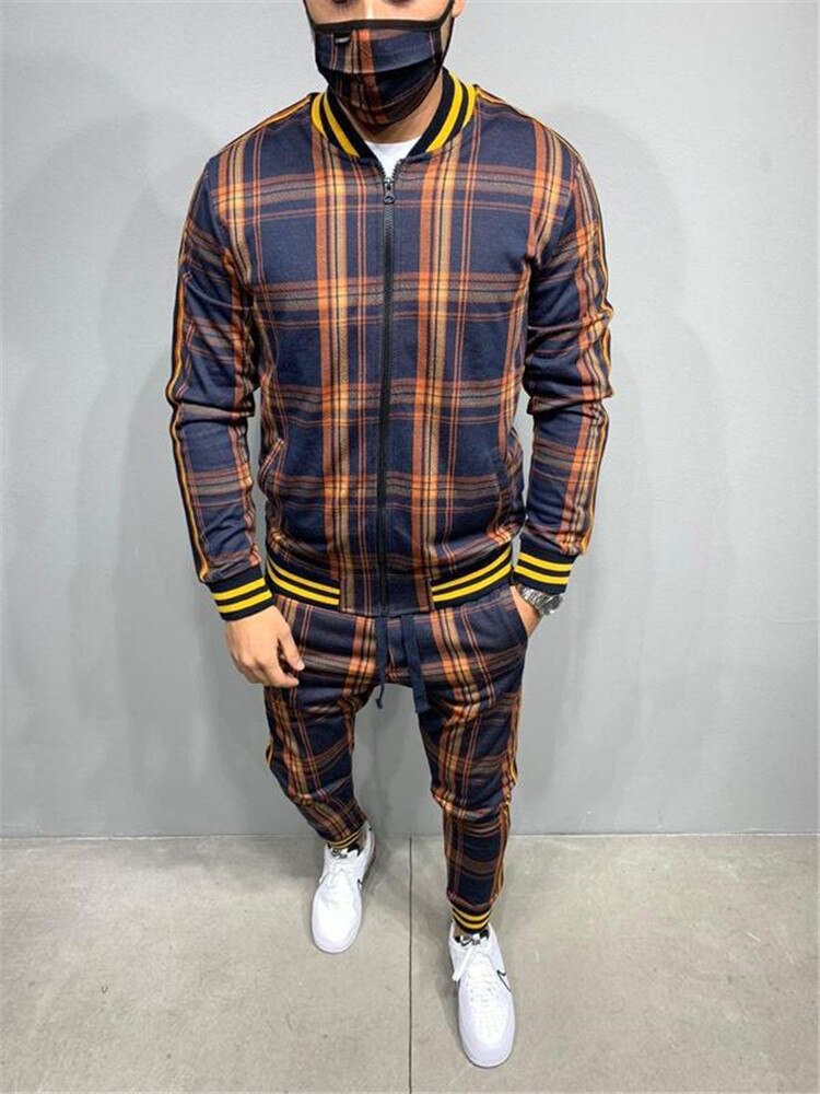 2021 New gyms Men's Sets 2 Pieces Sets Tracksuit Men's Jackets+Pants suit Sportwear Gentlemen Plaid Mens Sports Suit men Clothes