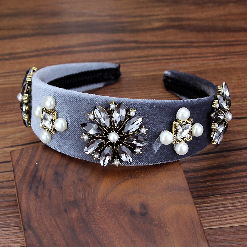 Vintage Luxury Black Gray Crystal Stone Hairband Rhinestone Bridal Wedding Headband For Women Baroque Hair Accessories Jewelry