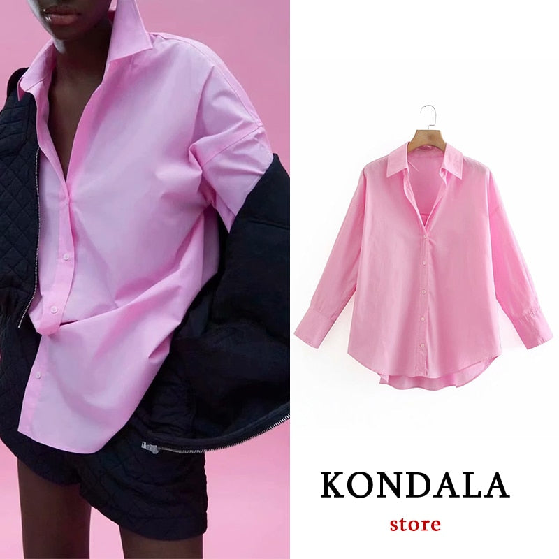 KONDALA Women Spring Shirts Za Chic Pink Solid Oversized Button Long Shirts Fashion 2021 V Neck Mujer Tops Casual Blouses