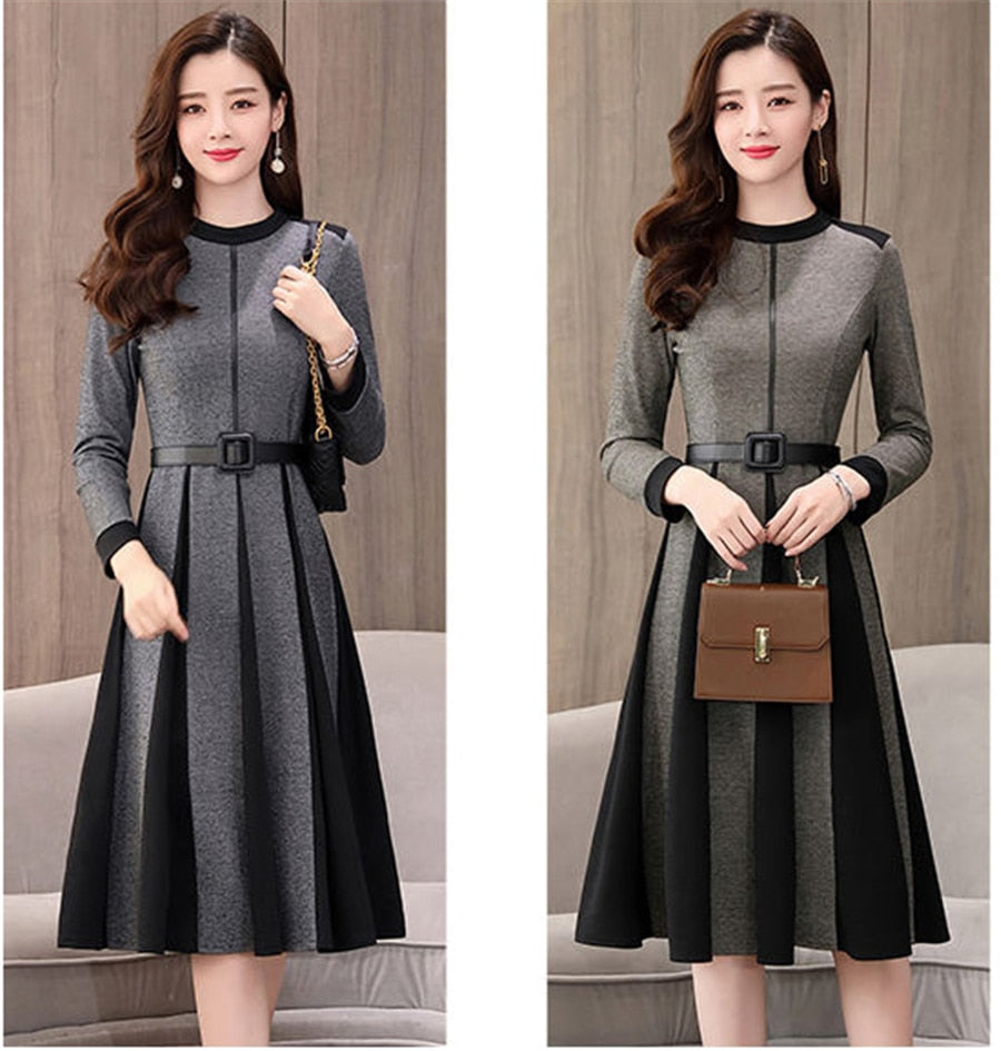 Casual Little Plaid Spliced Hem Pleated A-Line Dresses Women Fall Vintage Belted Long Sleeve Dress Elegant Knee-Length Vestidos