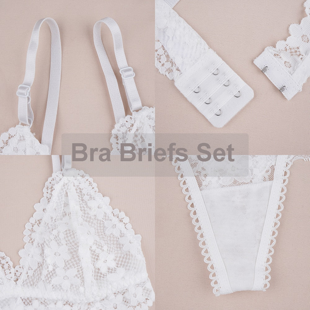 Women Lace Bra Briefs Set Sexy Wire Free Lingerie Hollow Out G-String Bra Set Female Transparent Seamless Intimate Underwear Set