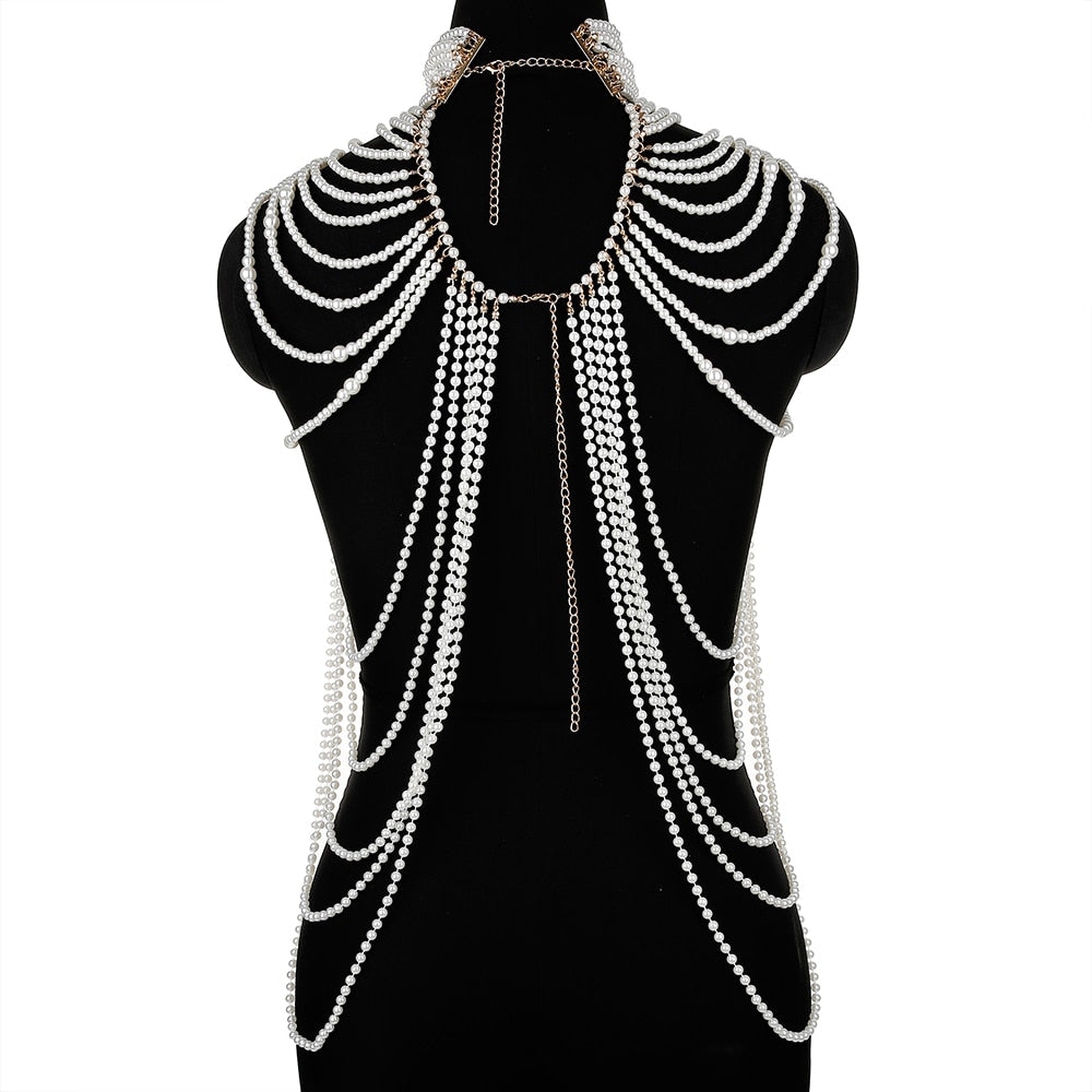 Women Pearl Shawl Necklaces Body Chain Sexy Beaded Collar Shoulder Pearl Bra Top Sweater Chain Wedding Dress Body Jewelry