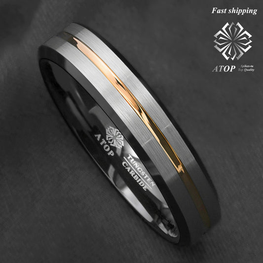 6Mm Silver Brushed Black edge Tungsten Ring Gold Stripe ATOP Mens Wedding Band Customized Jewelry