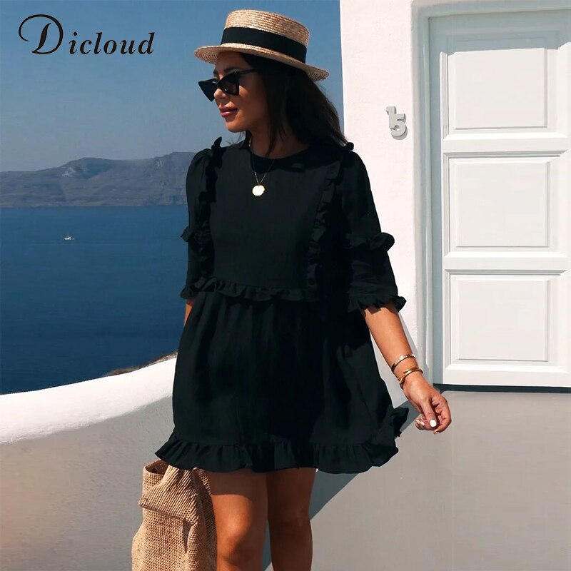 DICLOUD Casual Women White Mini Ruffle Summer Dress Women Short Sleeve Black Solid Loose Dress Beach Tunic Ladies Clothing