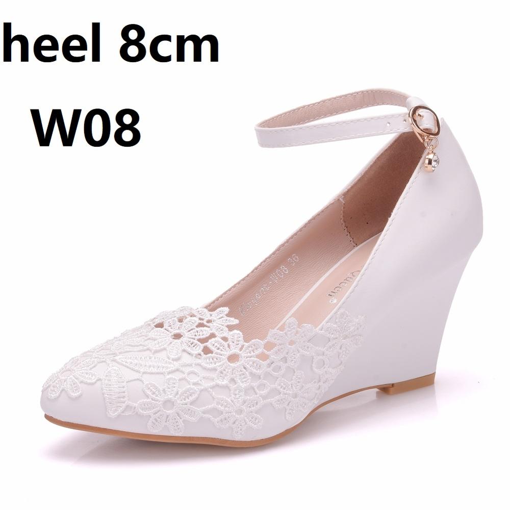 Crystal Queen White Lace Flower Pumps womens Elegant Wedding Shoes Bride High Heels Platform Ladies Wedges Party Dress Shoes