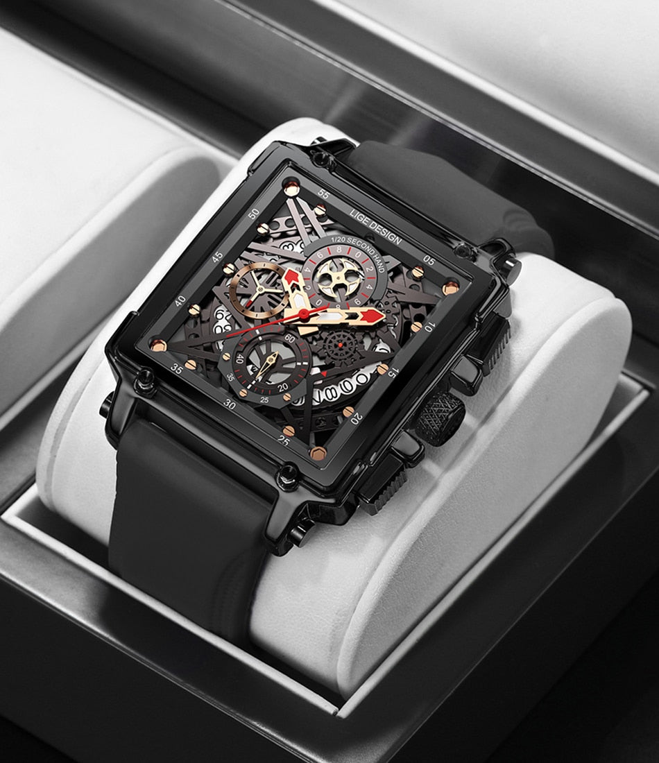 2022 New LIGE Men Watches Top Brand Luxury Hollow Square Sport Watch For Men Fashion Silicone Strap Waterproof Quartz WristWatch