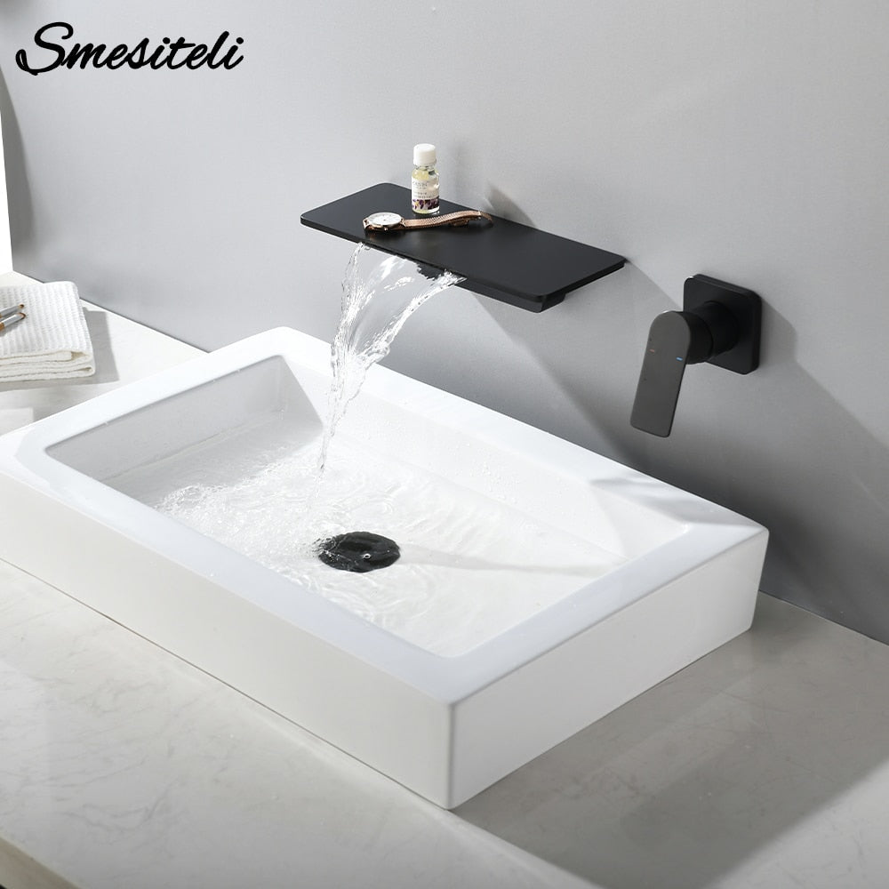 Smesiteli Waterfall Brass Matte Black Wall Mounted Hot and cold water Bathroom Bathtub Basin Faucet