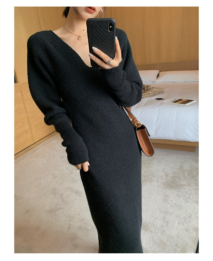 Elegant Long White Knitting Dress Women Winter V-Neck Long Sleeve Bodycon Dress Korean Office Lady High Waist Vintage Dress 2021