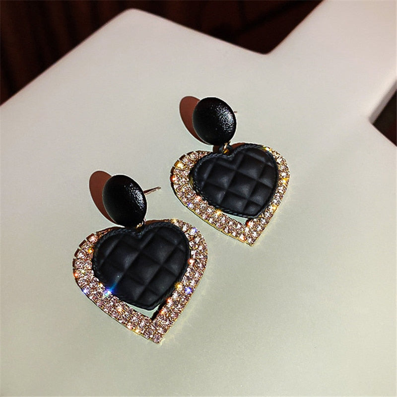 FYUAN Korean Style Black Acrylic Heart Dangle Earrings for Women Rhinestone Earrings Weddings Party Jewelry Accessories