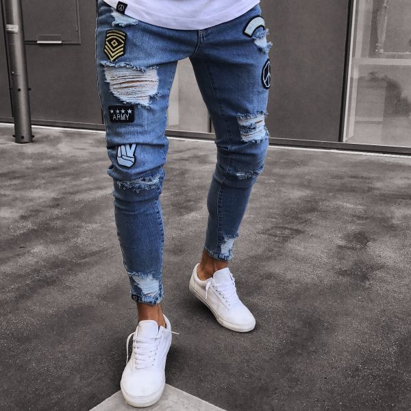 Skinny ripped jeans men Pants Pencil Biker Side Striped Jeans Destroyed Hole Hip Hop Slim Fit Man Scratched Jean Hombre Pantalon