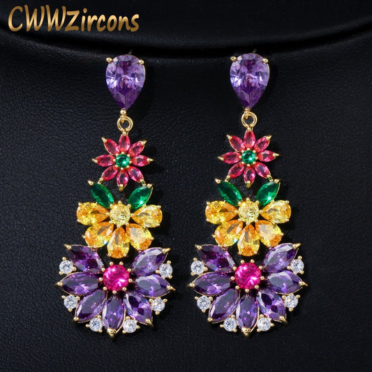 CWWZircons Unique Multicolored Cubic Zirconia Cluster Flower Dangle Drop Earrings for Women Wedding Party Dress Jewelry CZ430