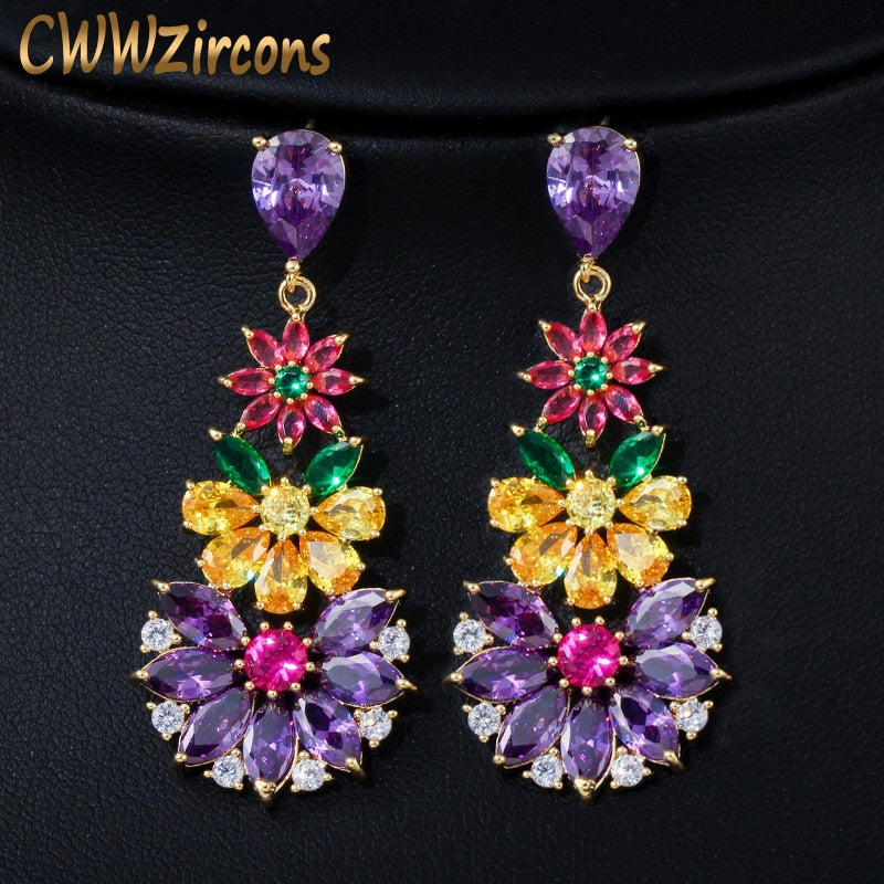 CWWZircons Unique Multicolored Cubic Zirconia Cluster Flower Dangle Drop Earrings for Women Wedding Party Dress Jewelry CZ430