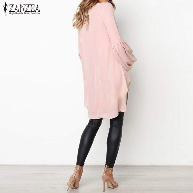 Women Blouse ZANZEA Autumn Crew Neck Lantern SleeveShirt Casual Solid Blusas Femininas Long Tops Tunic Asymmetrical Hem Blouses