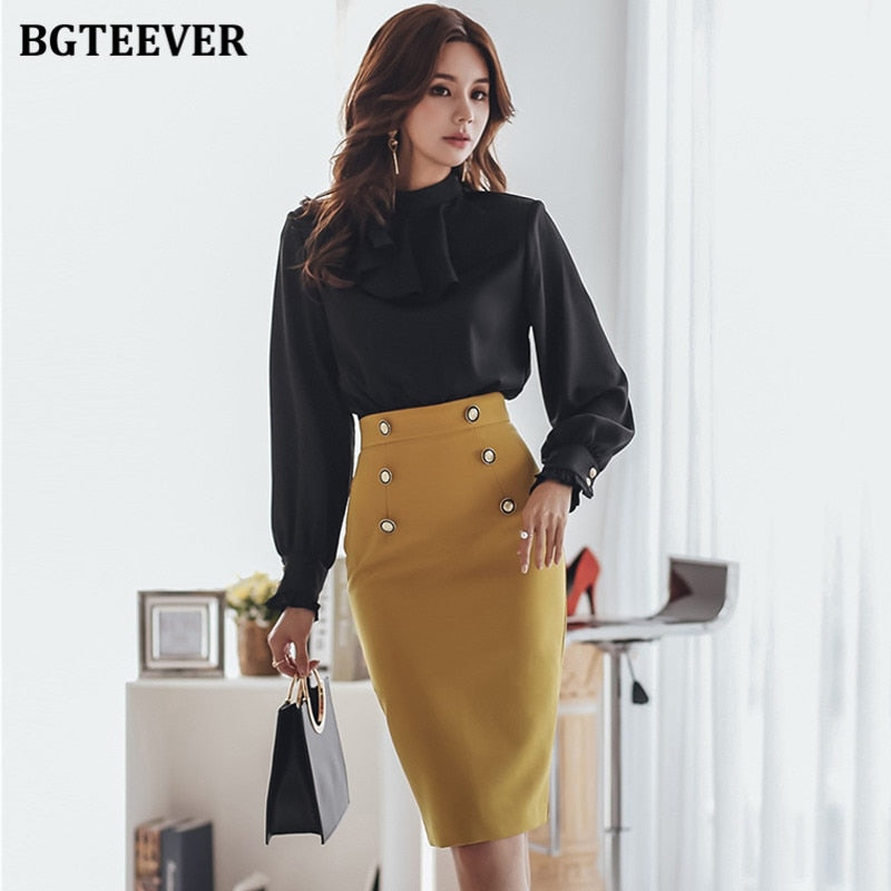 BGTEEVER Office Ladies O-neck Patchwork Women Dress Elegant Ruffles Hip Package Female Dress 2021 Spring Workwear Women Vestidos