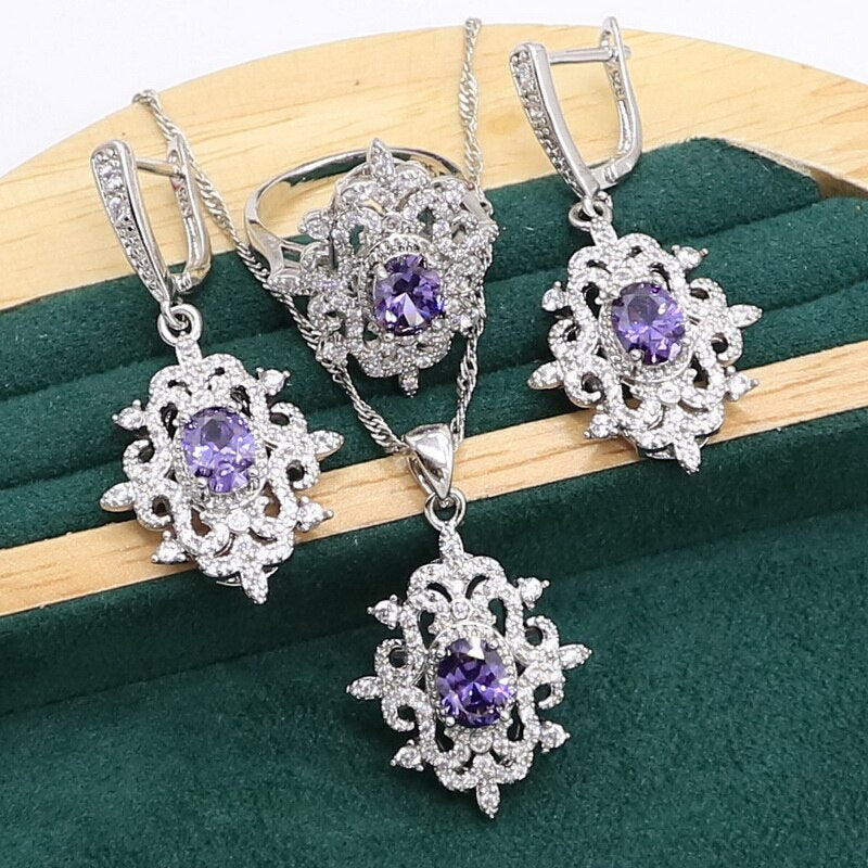 Purple Amethyst 925 Sterling Silver Jewelry set for Women Bracelet Earrings Necklace pendant Ring