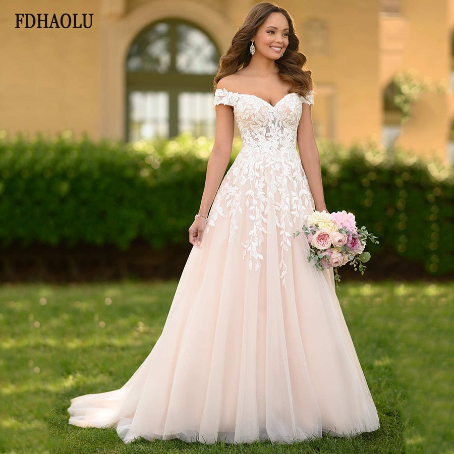 FDHAOLU FU06 Champagne Glitter A Line Wedding Dresses 2021 Lace Appliques Sparkling Bridal Gown Vestidos De Novia Bride Dresses