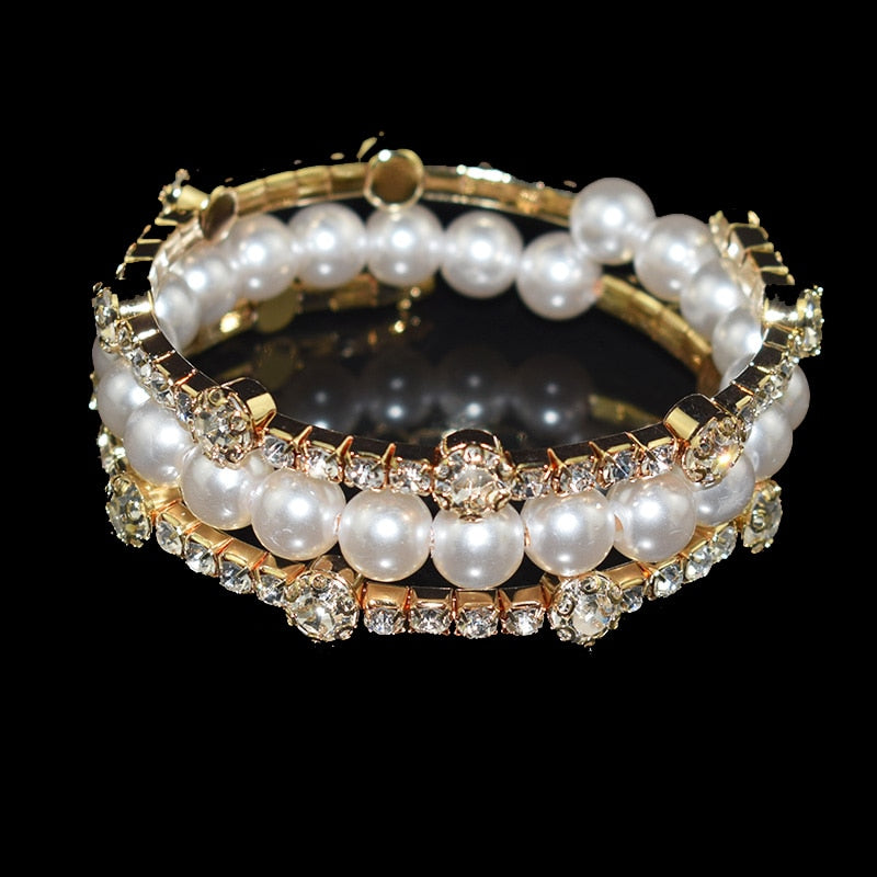 Crystal Pearl Bracelet Ladies Rhinestone Multi-layer Adjustable Bangles Cuffs Gold Silver Plated Charm Bracelets Jewelry Gift