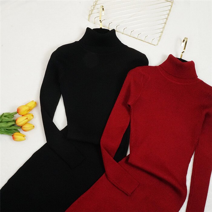 New Autumn Winter Women Knitted Dress Turtleneck Sweater Dresses Lady Slim Bodycon Long Sleeve Bottoming Dress Vestidos PP003