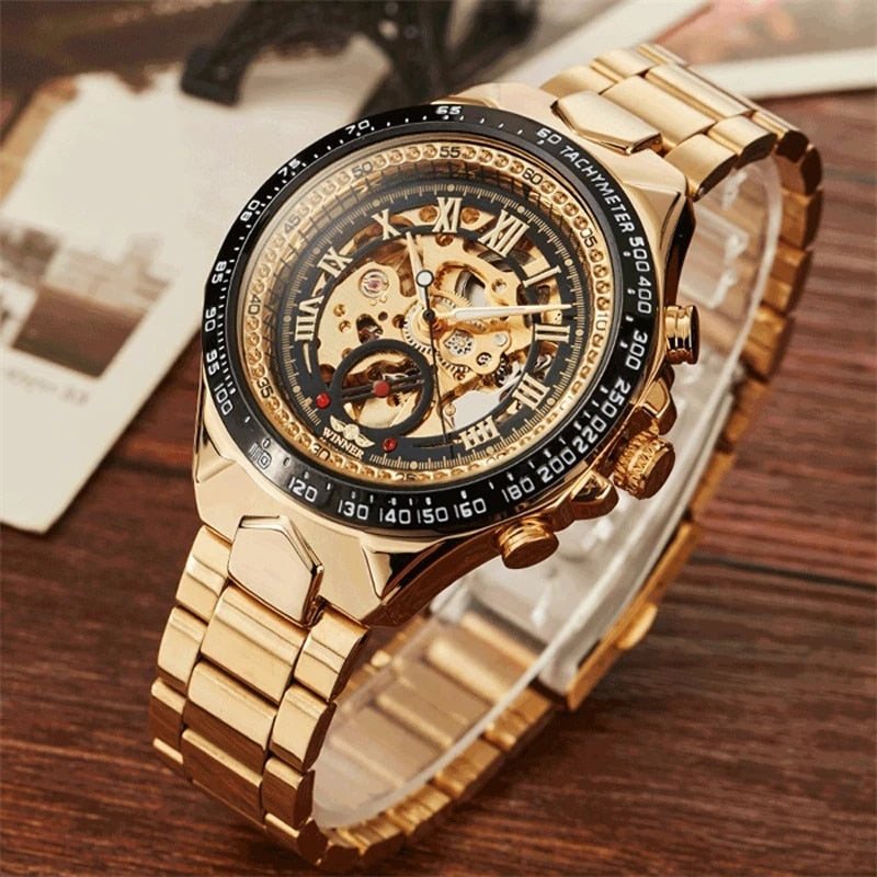 2022 WINNER Men Gold Watches Stainless Steel Band Automatic Mechanical Watch Male Skeleton Wristwatch Luxury Brand Sports Design