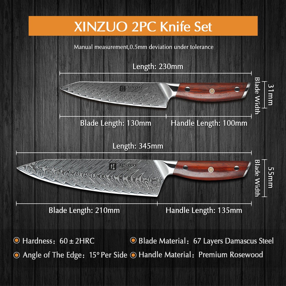 XINZUO 2 PCS Kitchen Knife Brand Cook Sets High hrc Damascus Steel Knife Brand Chef Paring Knives Cooking Tools rosewood Handle